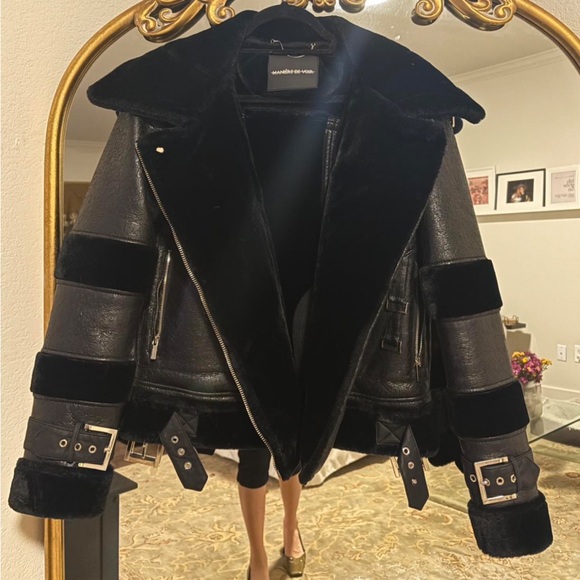 Maniere De Voir Jackets & Blazers - Maniere De Voir Black Shearling-Trim Leather Jacket